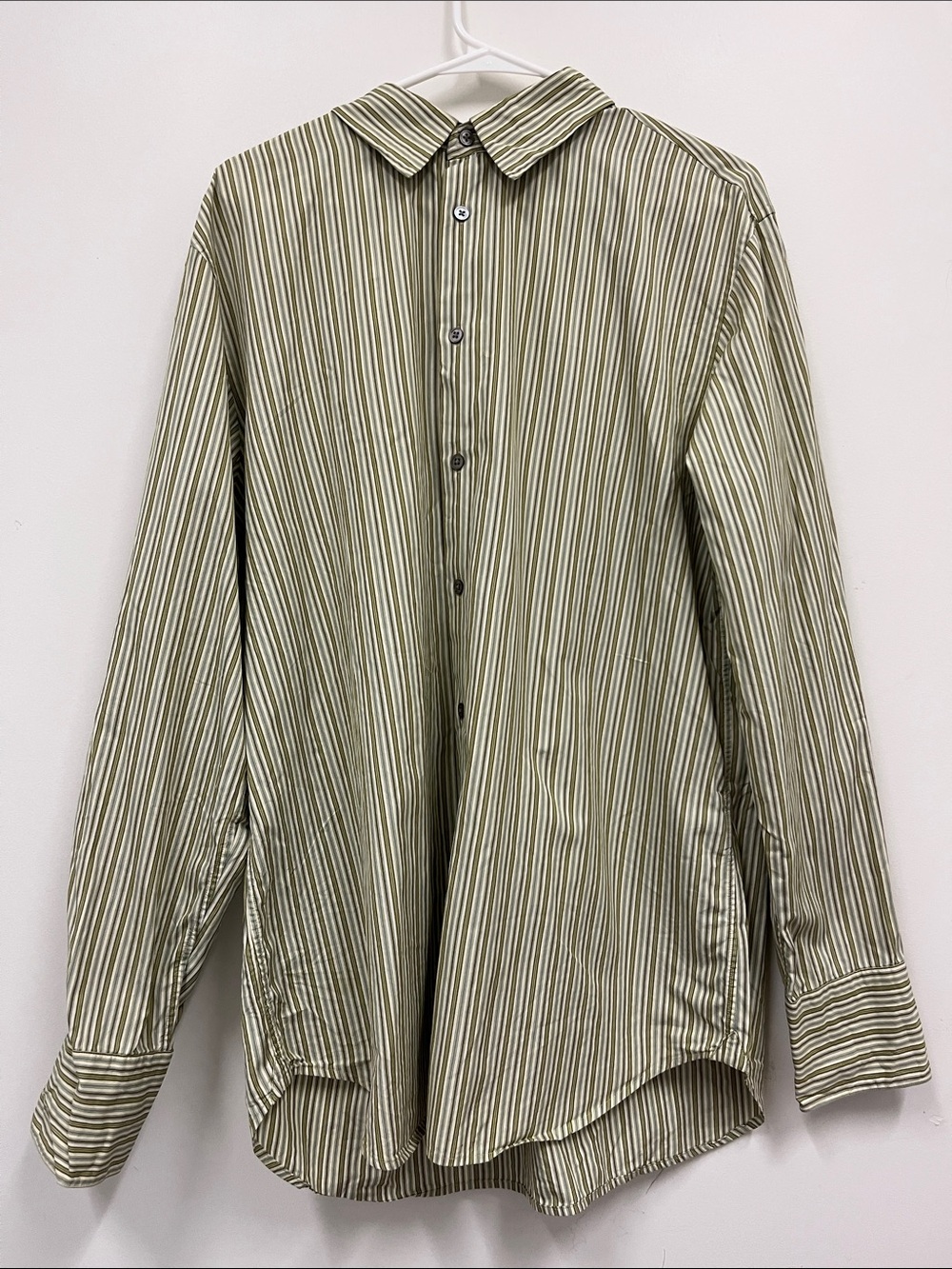 John Varvatos Olive and White Striped Long-Sleeve Button-Up size XL
